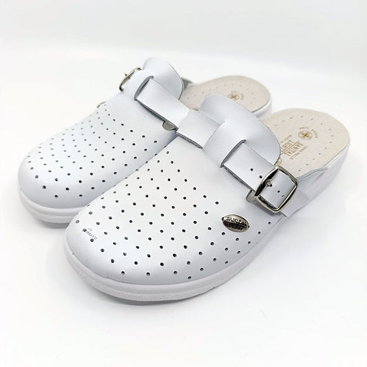 muske kozne klompe sanital bijele prednji prikaz