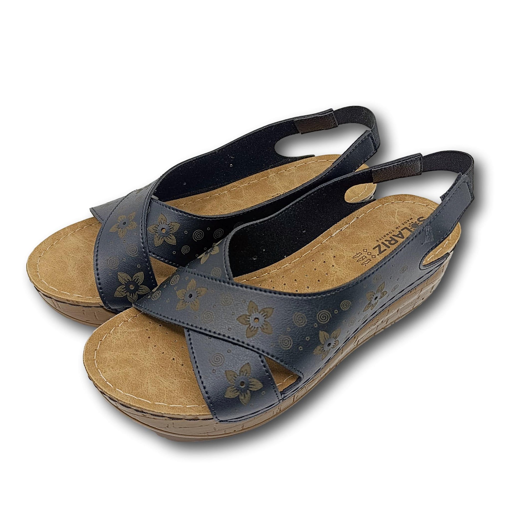 solariz tamno plave sandale cvjetni zlatni uzorak