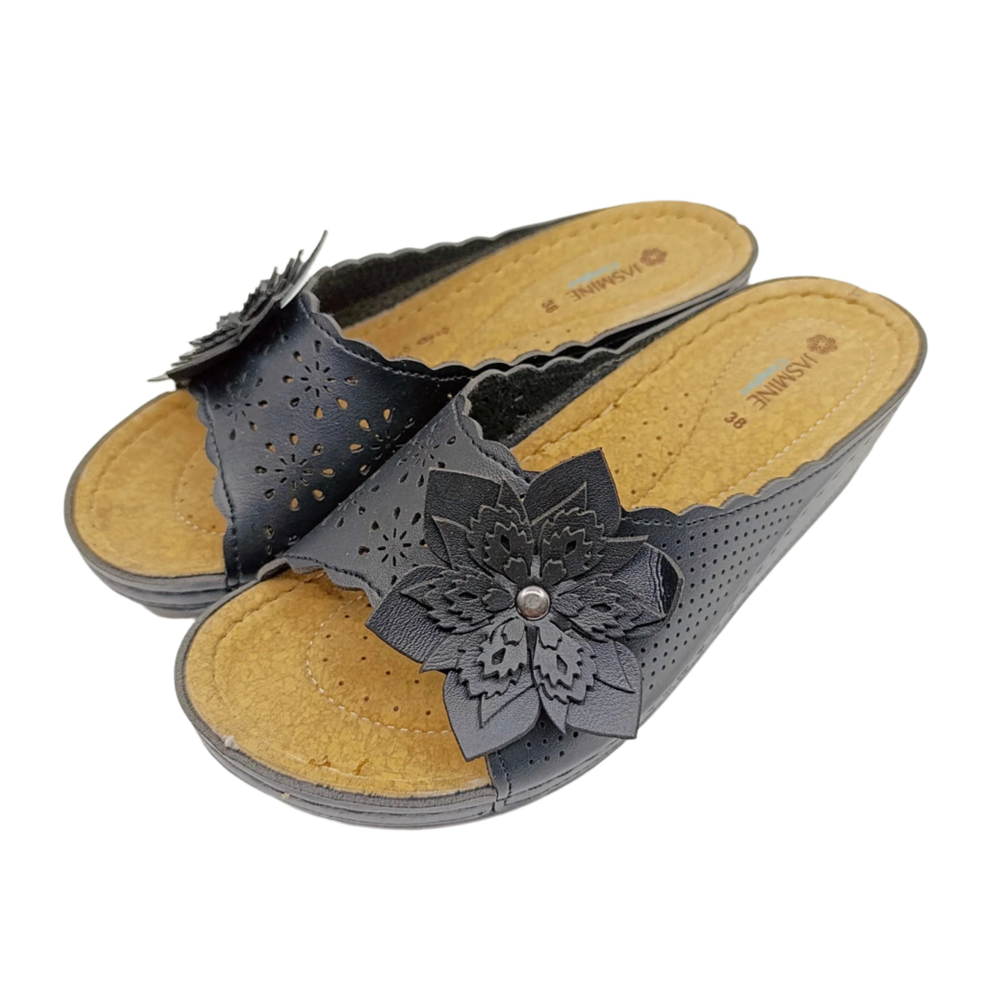 zenske kozne natikace cvijet crne udobne