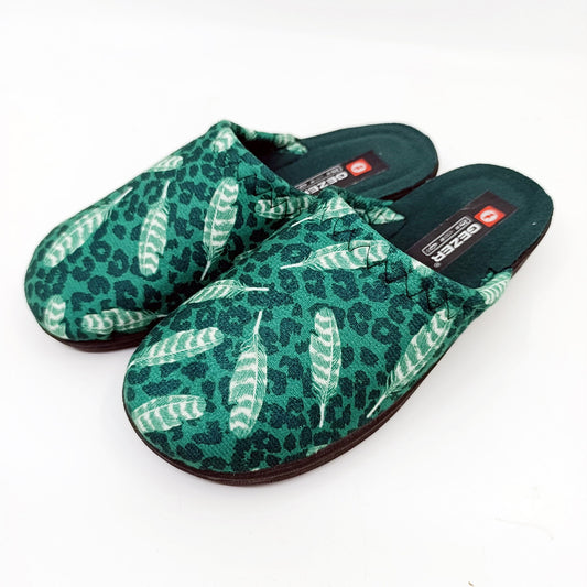 zenske kucne papuce zelene perje leopard print lagane 36-41