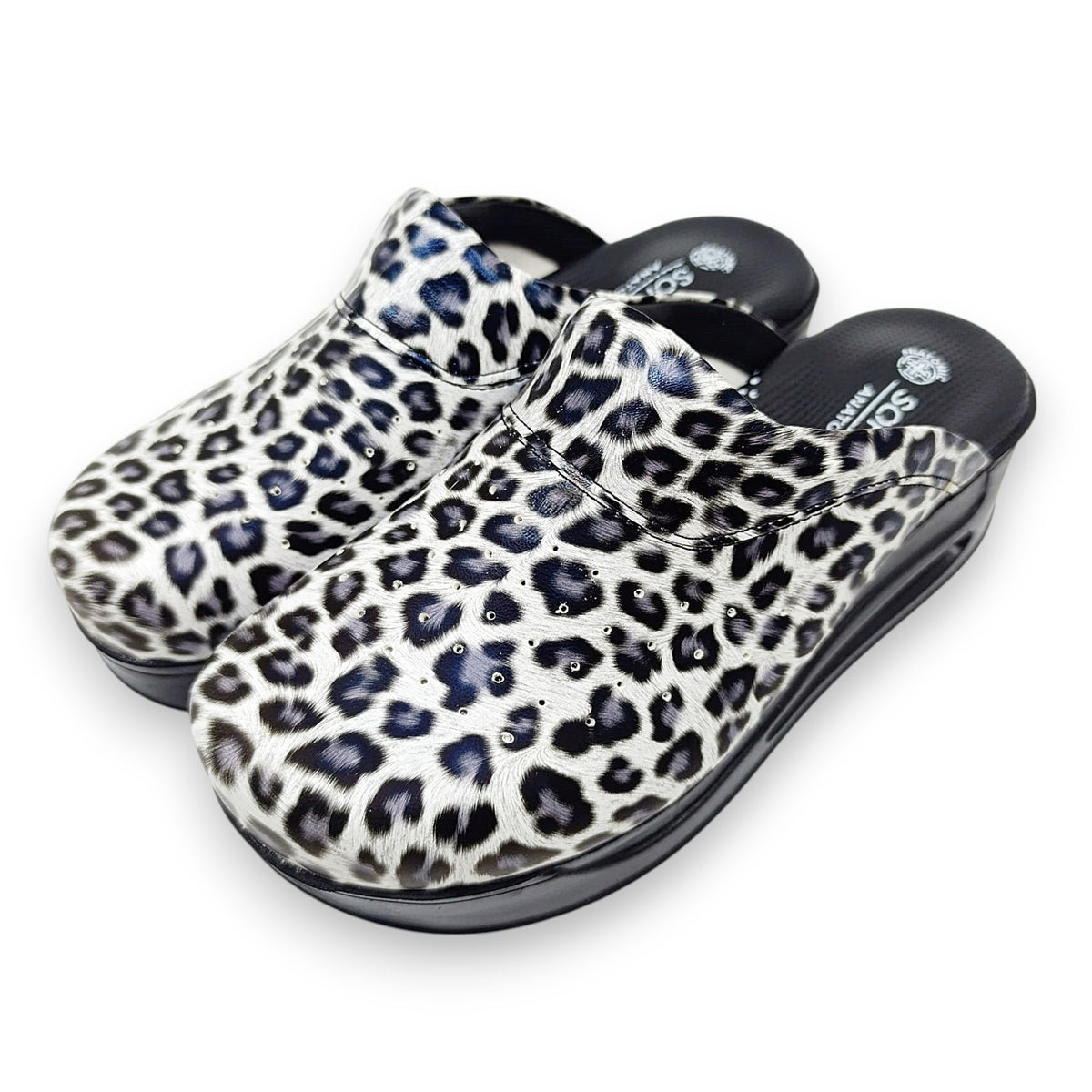 Anatomske profesionalne klompe s leopard printom, sivo-plave s crnim đonom