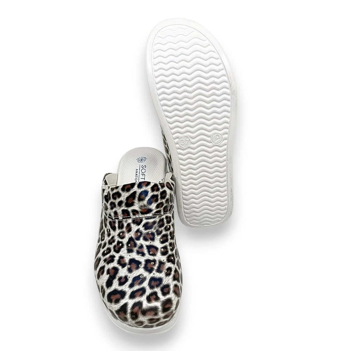 Anatomske profesionalne klompe s leopard printom, smeđe-bijele s bijelim đonom