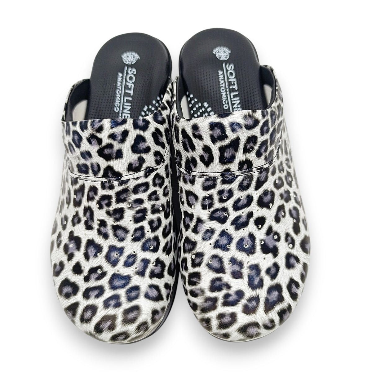 Anatomske profesionalne klompe s leopard printom, sivo-plave s crnim đonom