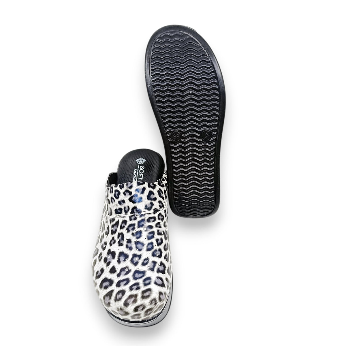 Anatomske profesionalne klompe s leopard printom, sivo-plave s crnim đonom
