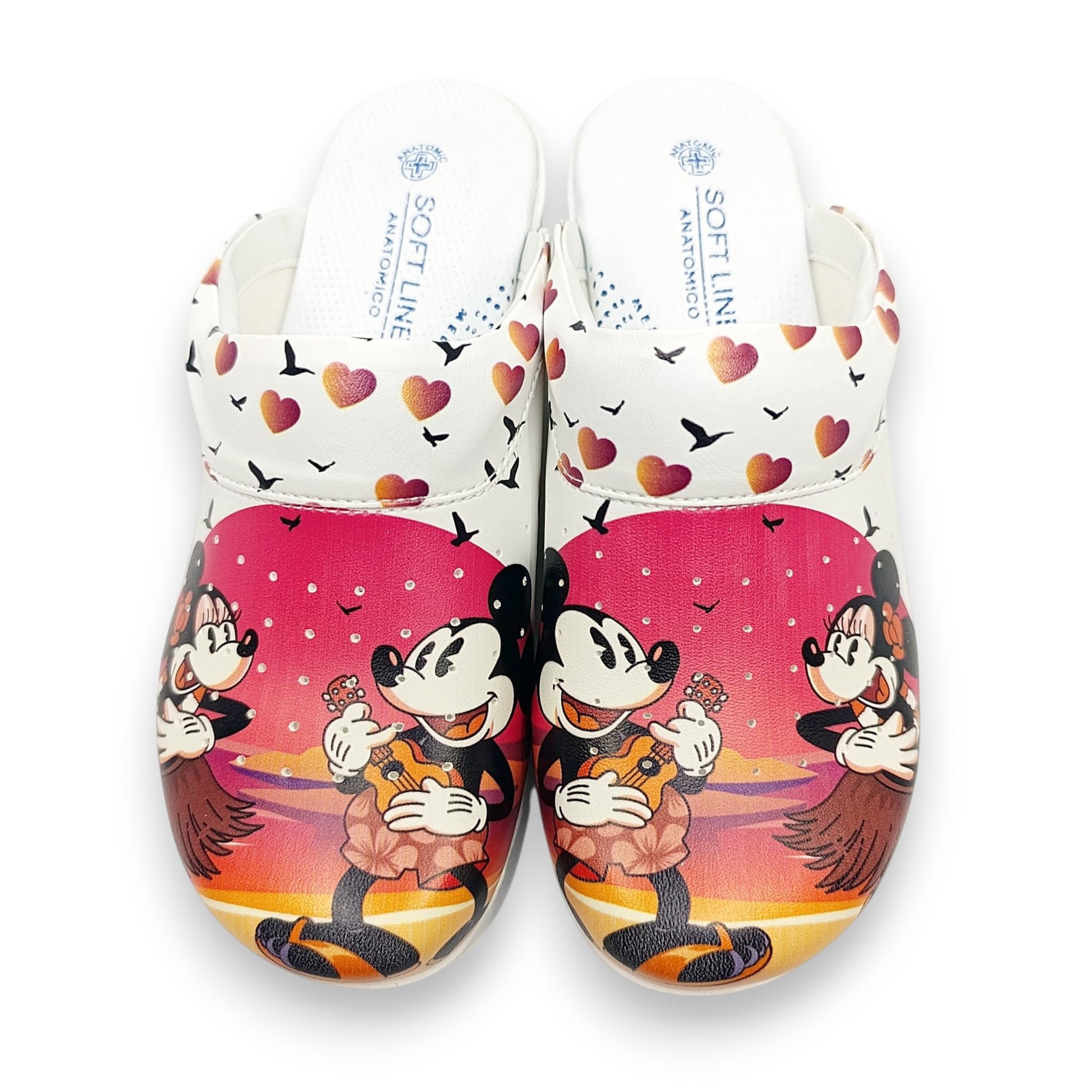 Pogled sprijeda na anatomske radne klompe Soft Line s gornjištem od prave kože i šarenim Disney dizajnom.