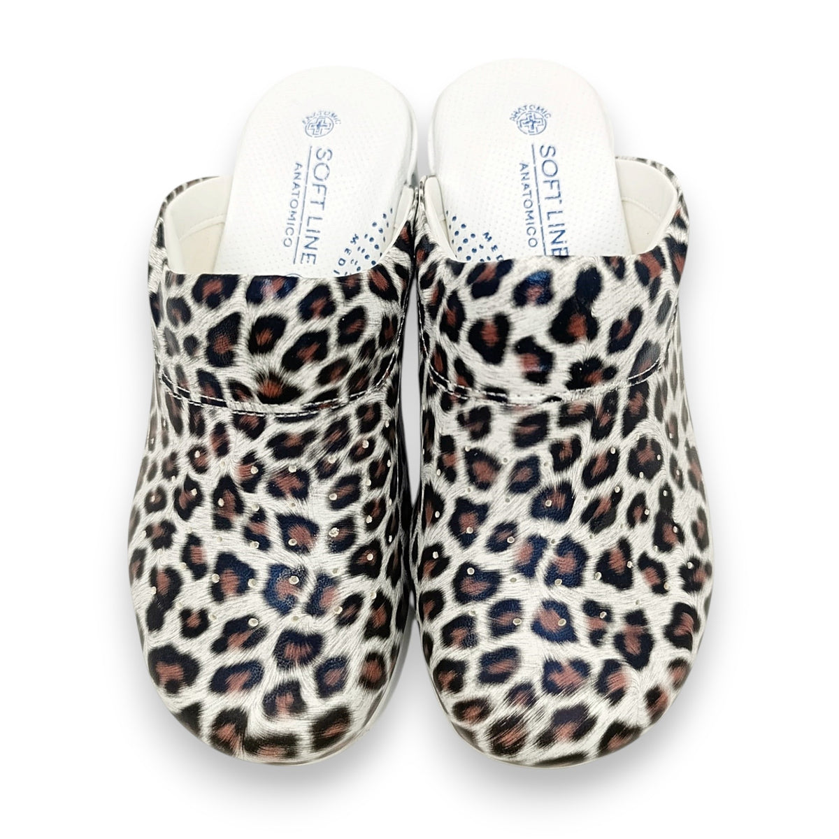 Anatomske profesionalne klompe s leopard printom, smeđe-bijele s bijelim đonom